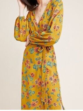 ANTHROPOLOGIE x FAITHFULL THE BRAND Mustard Floral Wrap Dress Size 6 NWOT
